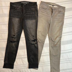 American Eagle Womens Jeggings Size 8 AEO Denim Ripped Black & Grey Bundle EUC